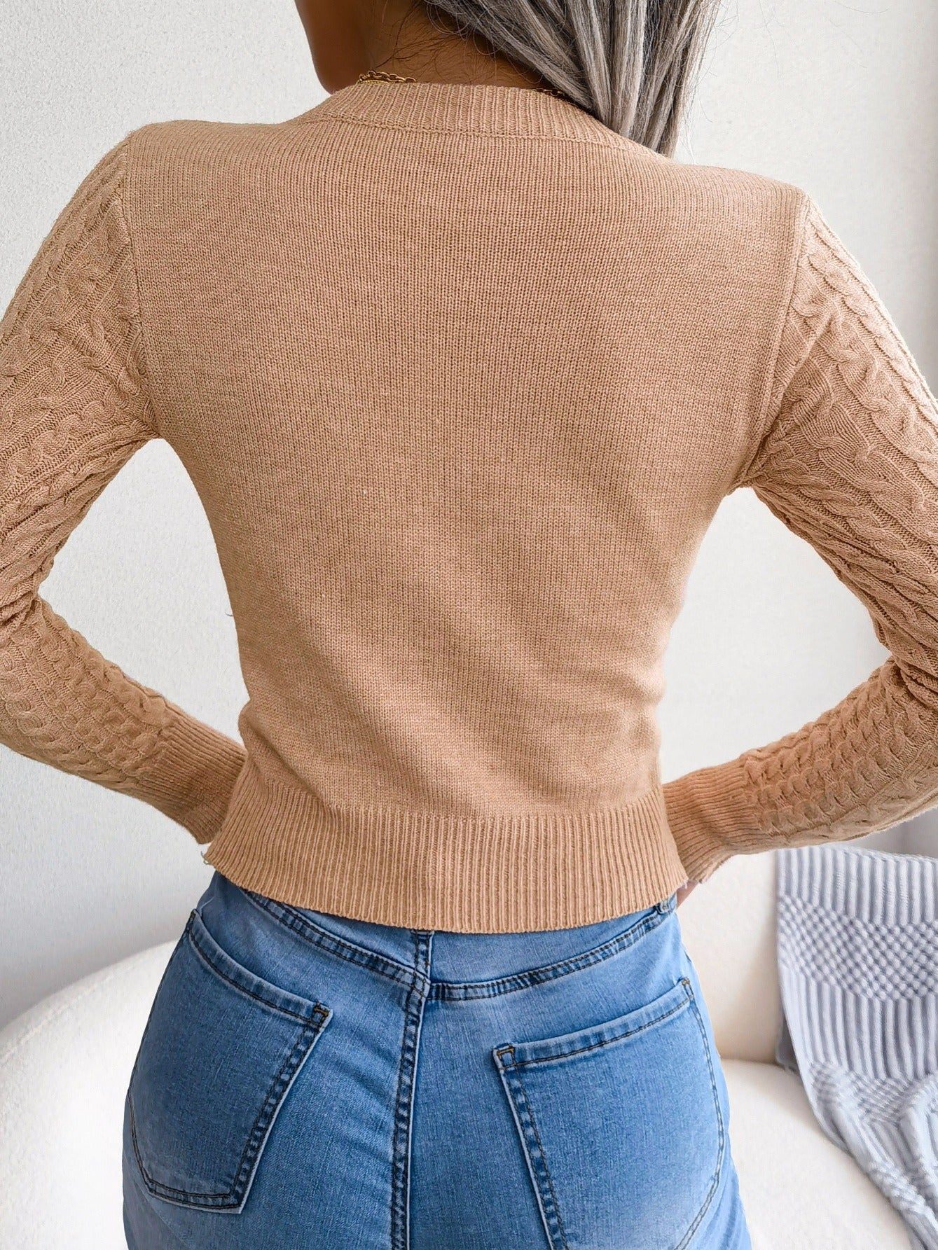 Suéter de punto calado para mujer – Top sexy de manga larga ajustado