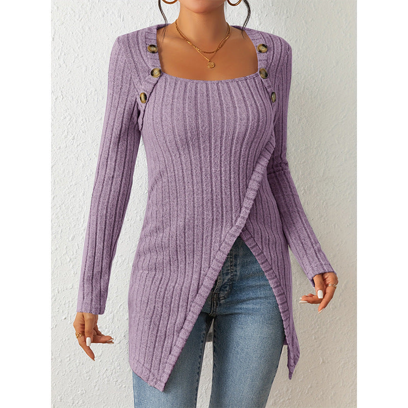 Jersey de punto elegante con abertura, hombros descubiertos y escote cuadrado para mujer