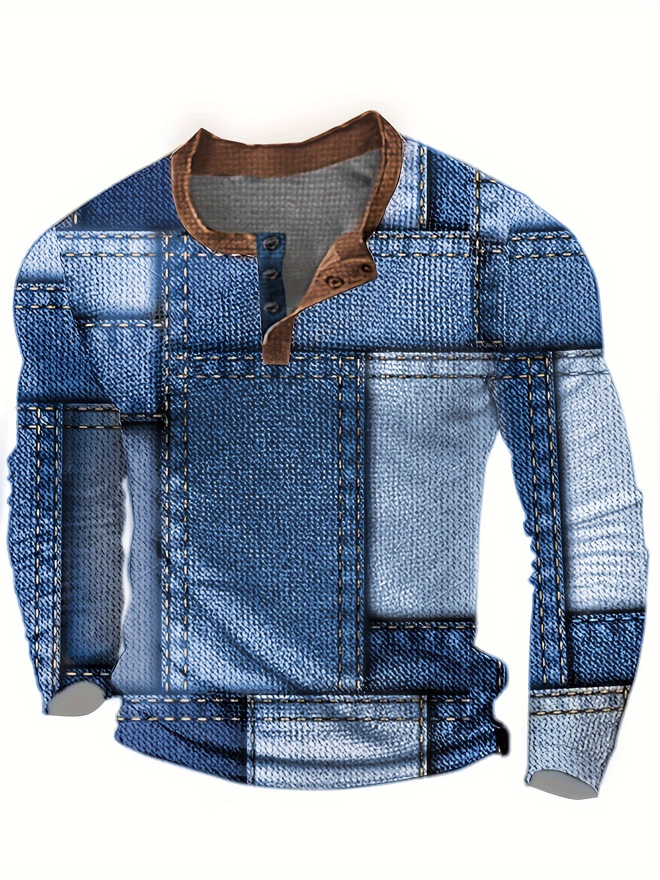 Camisa geométrica Henry para hombre – Camiseta de manga larga con cuello redondo informal