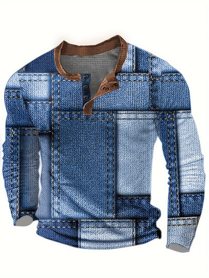 Camisa geométrica Henry para hombre – Camiseta de manga larga con cuello redondo informal
