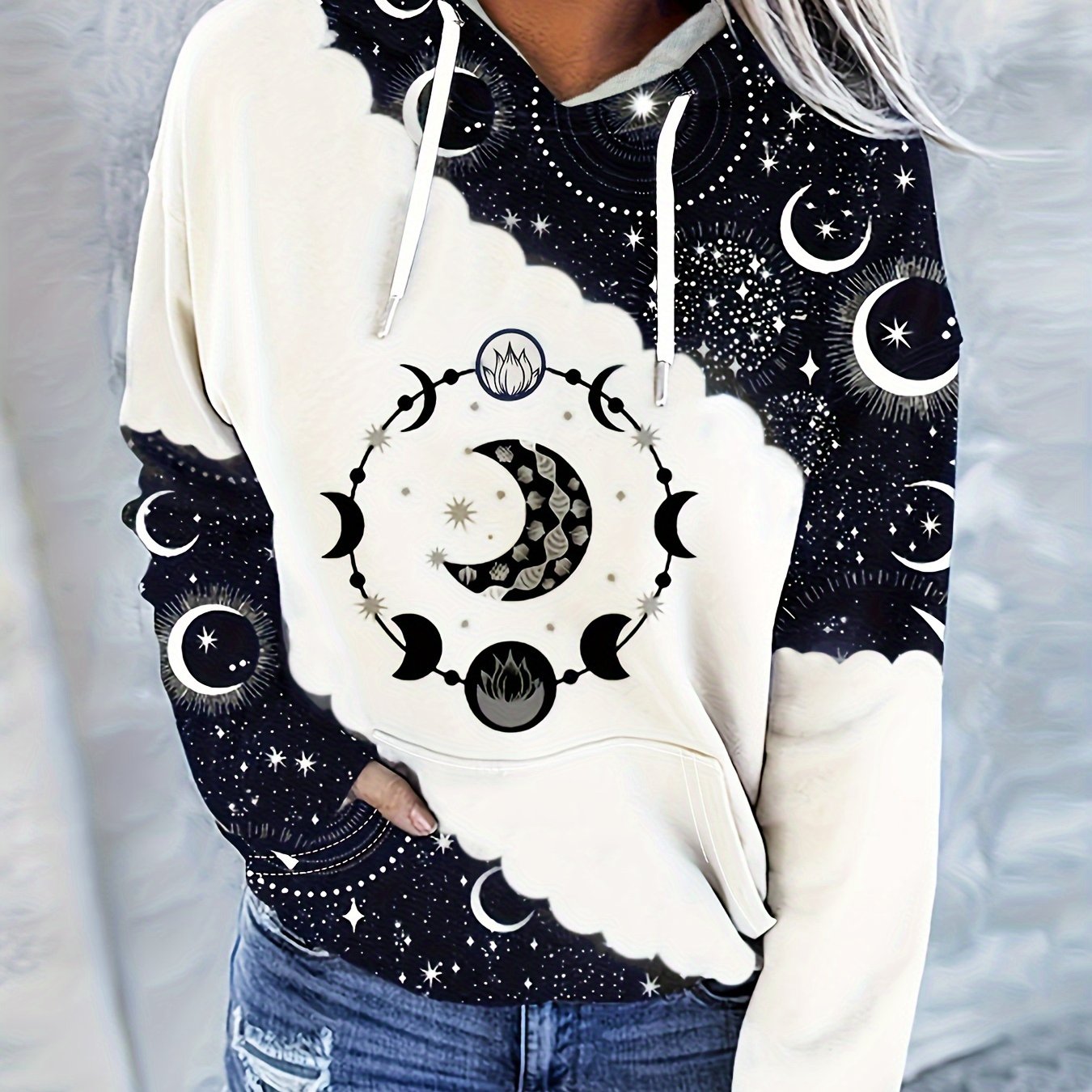 Sudadera con capucha celestial estilo boho chic – Sudadera de mujer verde con luna del zodiaco