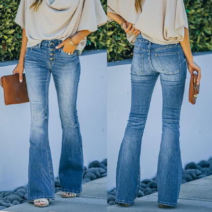 Jean évasé taille haute Loom & Soul pour femme – Jean patte d'éléphant en denim délavé avec double bouton et ourlet brut