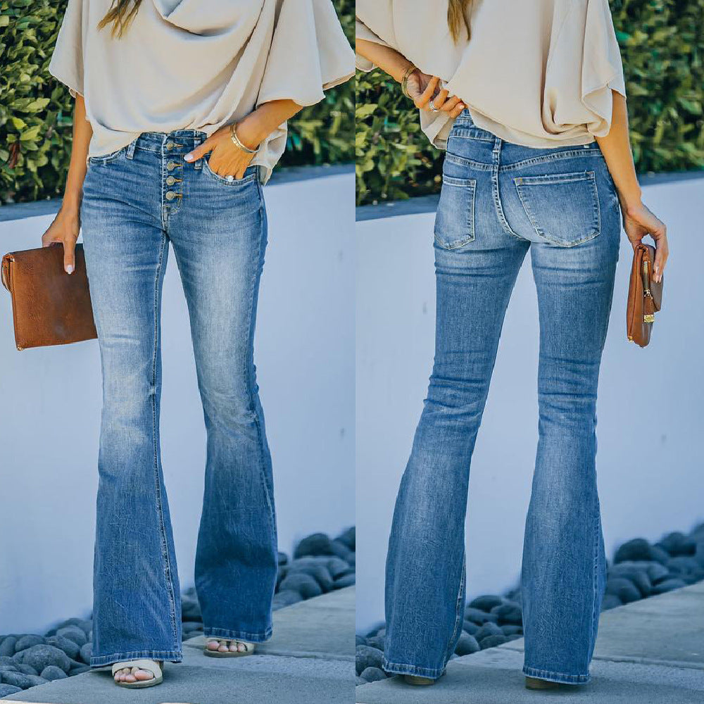 Jean évasé taille haute Loom & Soul pour femme – Jean patte d'éléphant en denim délavé avec double bouton et ourlet brut