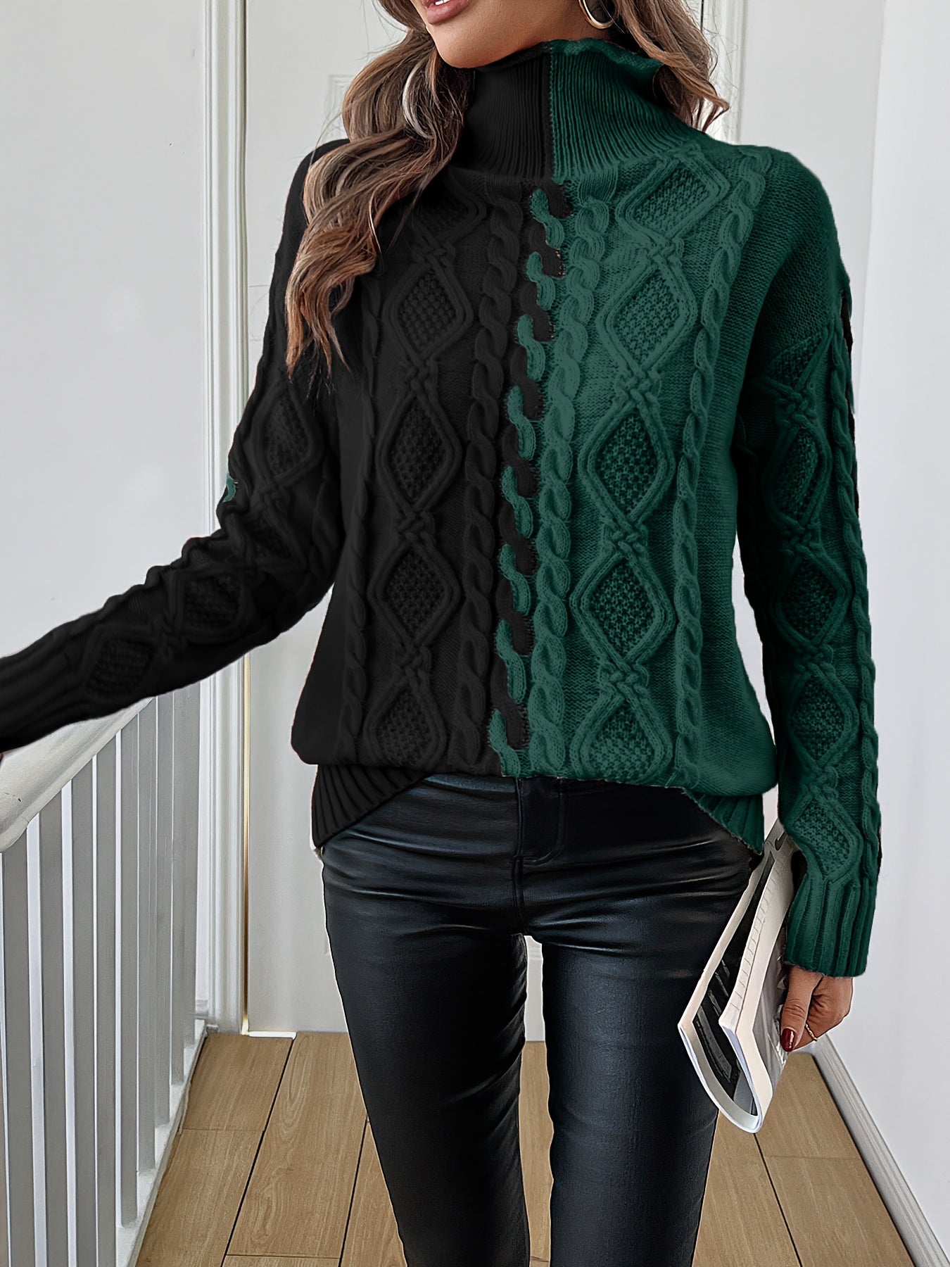 Blusa Elegante de Rayas con Cuello Alto – Top de Manga Larga de Punto Color Block