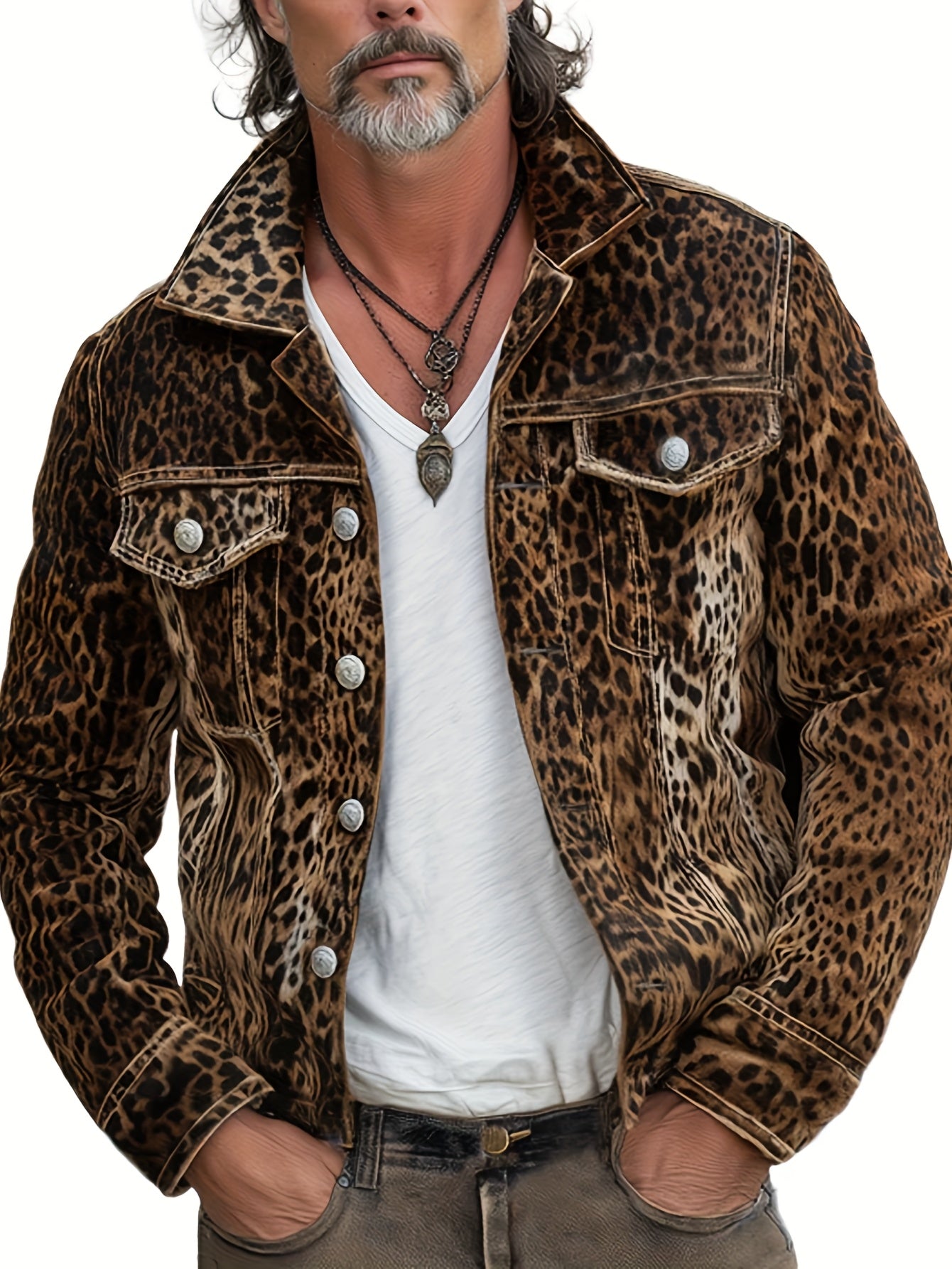 Chaqueta vaquera con estampado de leopardo – Prenda de trabajo holgada de lujo