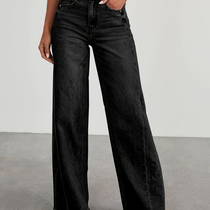 Pantalones vaqueros de mujer de talle alto y pernera ancha – Vaqueros elásticos informales holgados