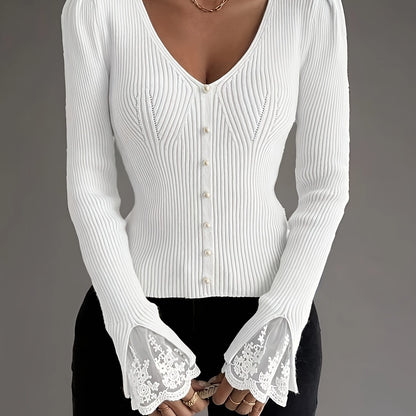Pull élégant rose à col en V pour femme – Haut en maille côtelée à manches longues