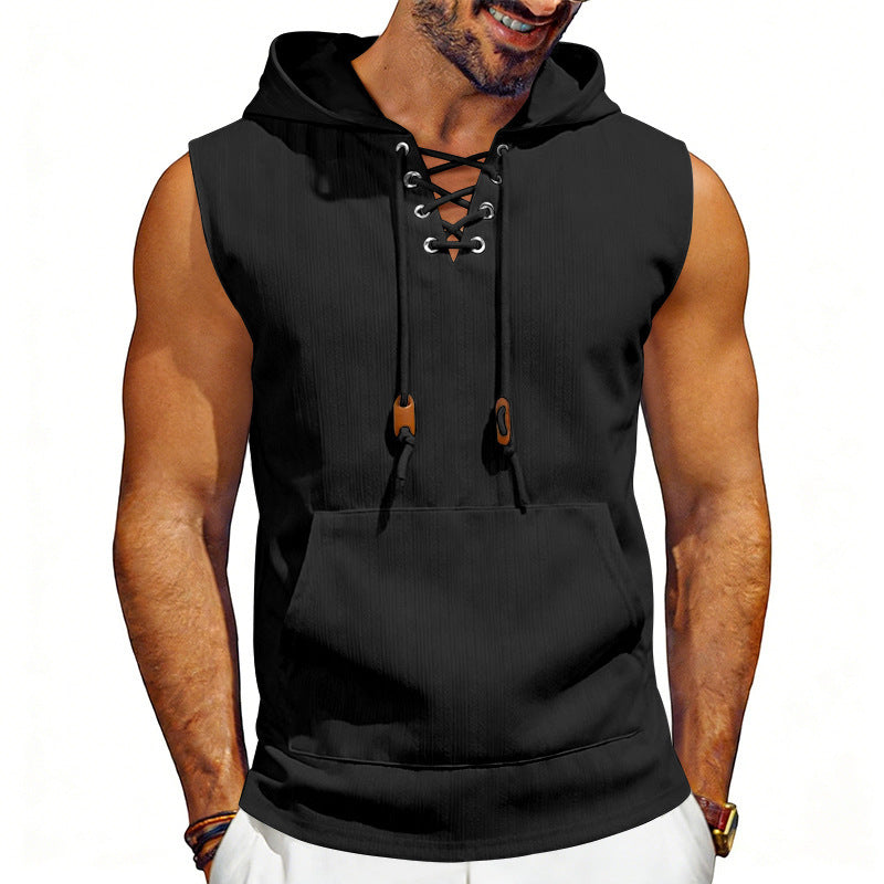 Men’s Jacquard Sleeveless Hoodie – Textured Streetwear Vest