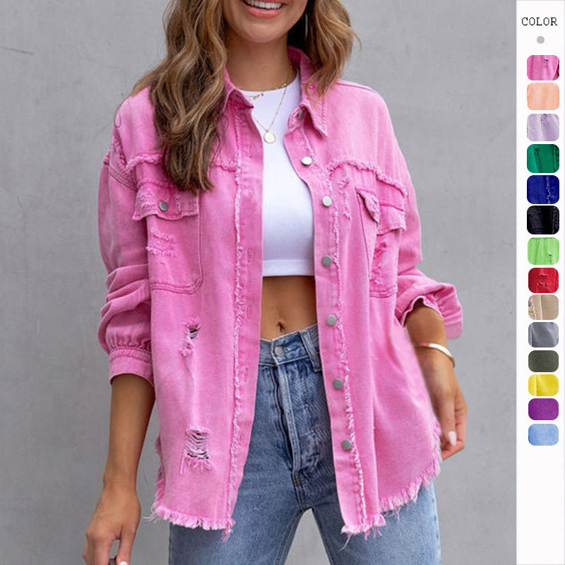 Chaqueta camisera rasgada Loom & Soul para mujer – Top casual de ajuste holgado con botones para primavera y otoño