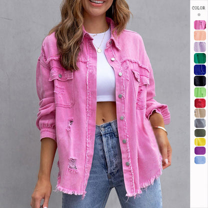 Chaqueta camisera rasgada Loom & Soul para mujer – Top casual de ajuste holgado con botones para primavera y otoño