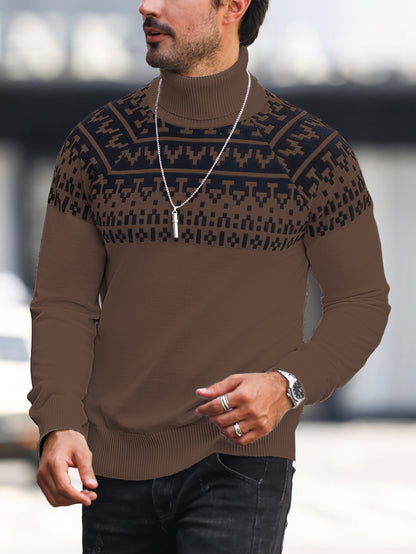 Men’s Geometric Turtleneck Sweater – Casual Knit Pullover for Fall & Winter