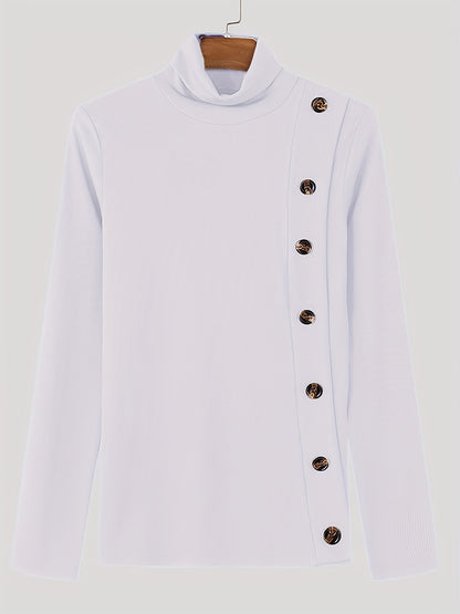 Camiseta de cuello alto ajustada para hombre - Camisa de punto con detalle de botones