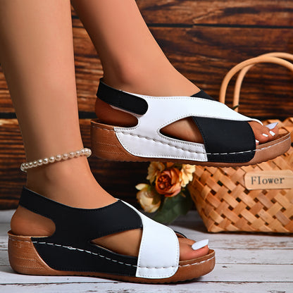 Sandalias de cuña cruzadas con bloques de color Loom & Soul para mujer – Zapatos romanos de plataforma de verano con correa de velcro