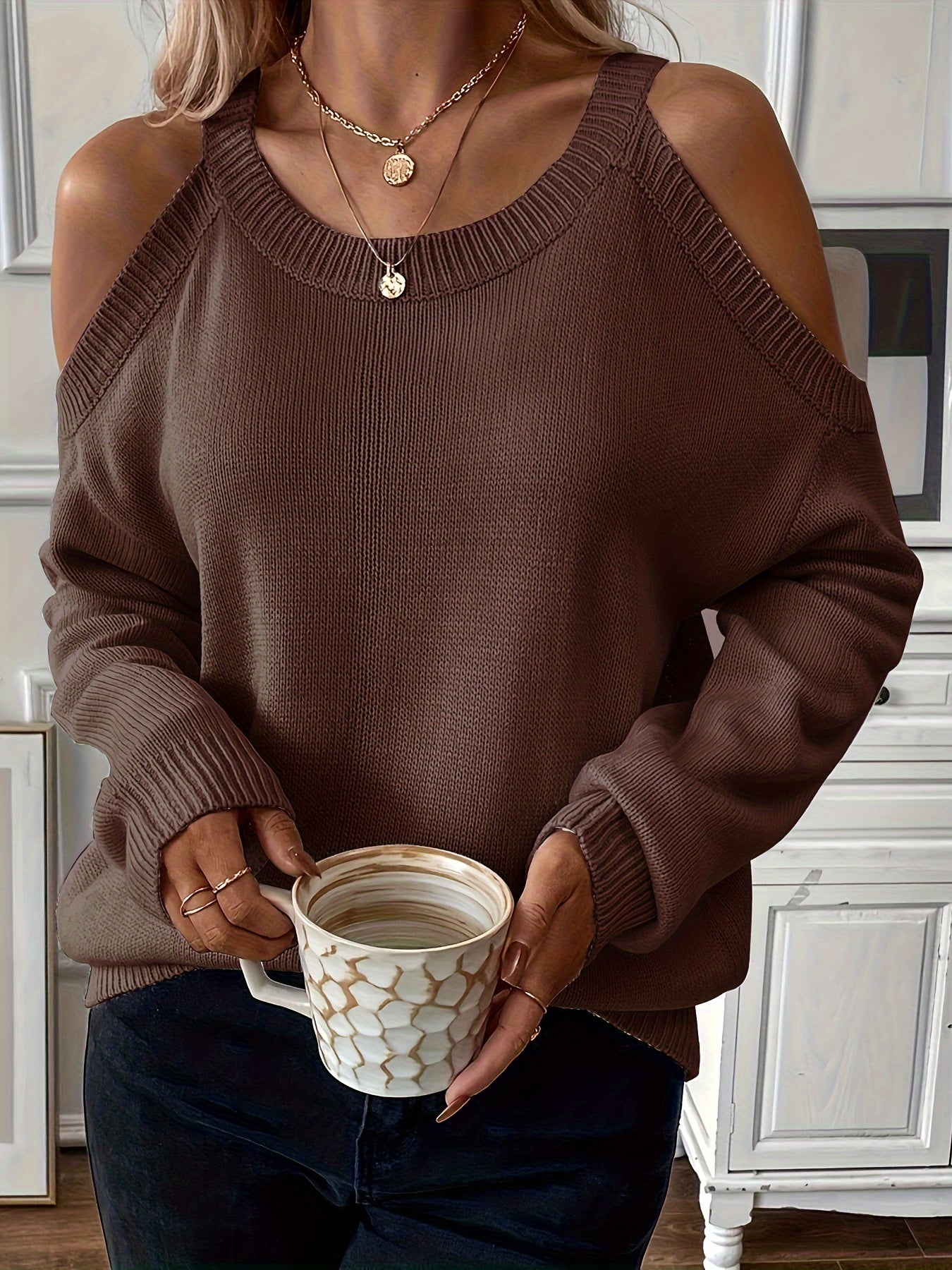 Suéter de punto suave para otoño/invierno con cuello redondo elegante para mujer