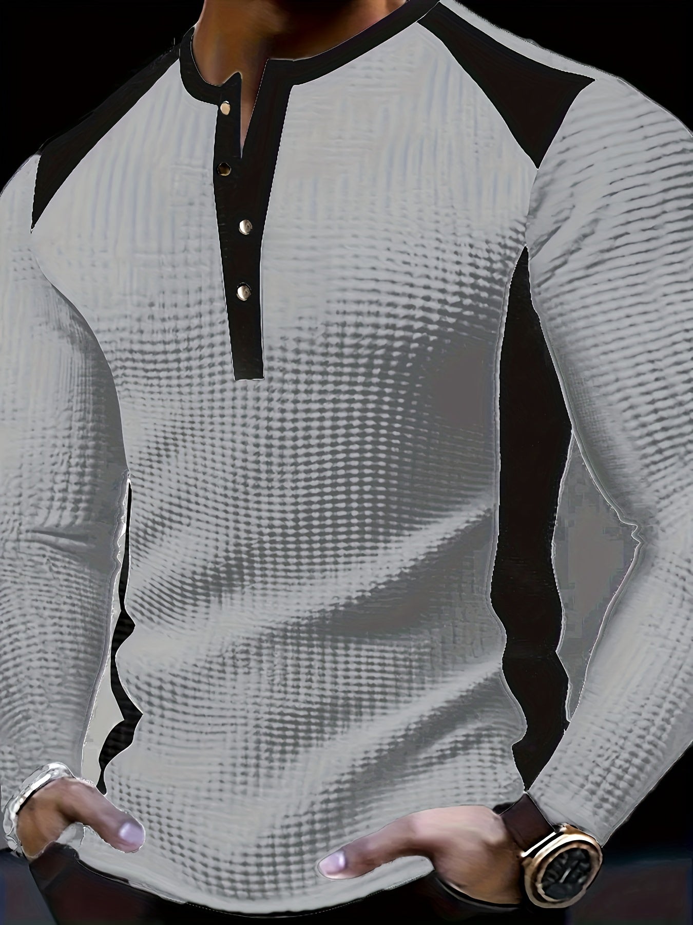 Chemise Henley gaufrée pour homme – Haut boutonnée toutes saisons blanc et noir