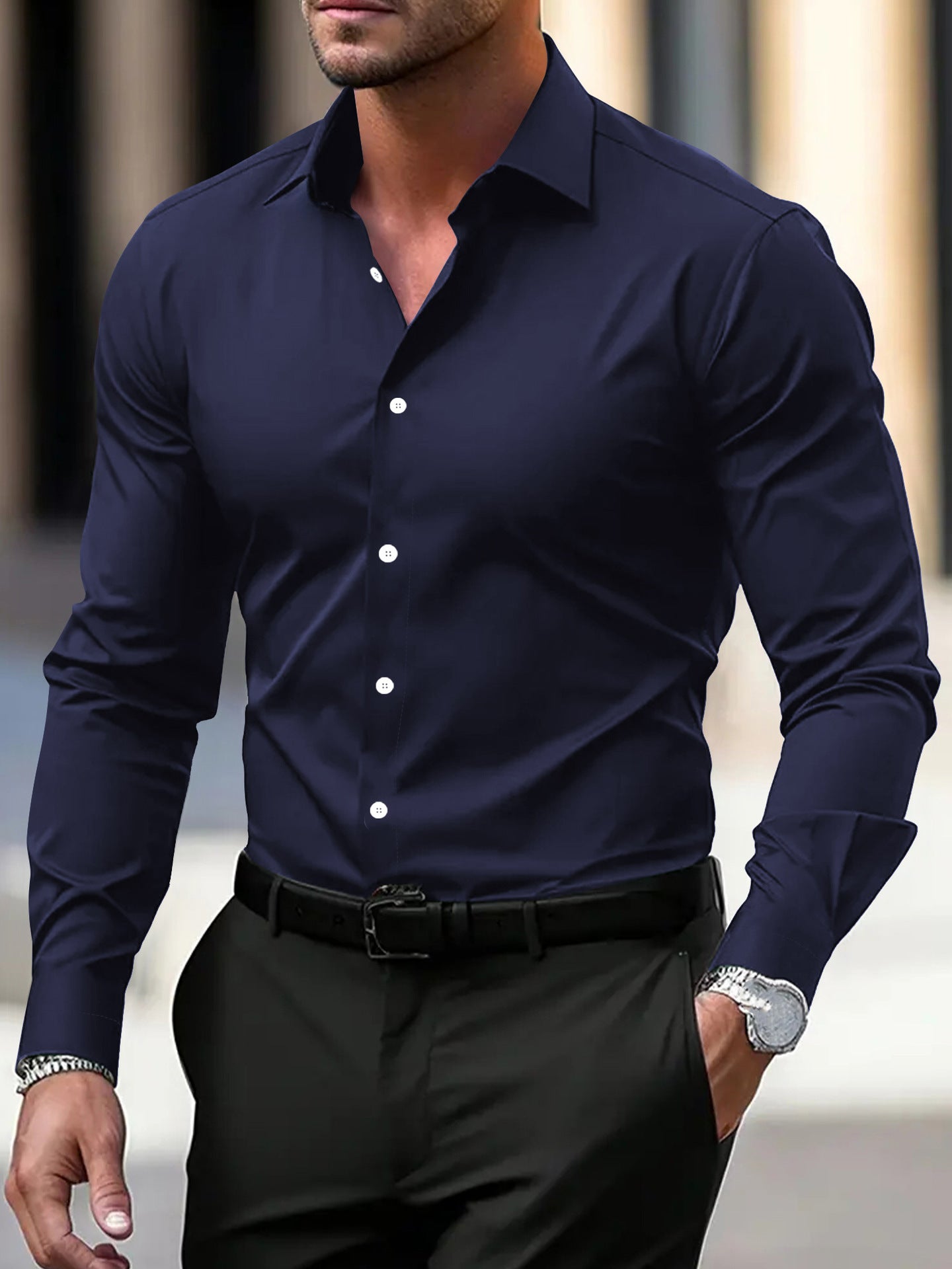 Camisa de manga larga con botones para hombre Loom & Soul™ – Top informal y de negocios de terciopelo de color liso