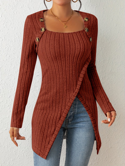 Camiseta de punto entallada para mujer – Top de manga larga con cuello cuadrado