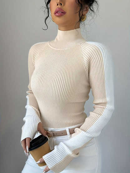 Suéter de cuello alto color block para mujer - Blusa elegante de punto suave
