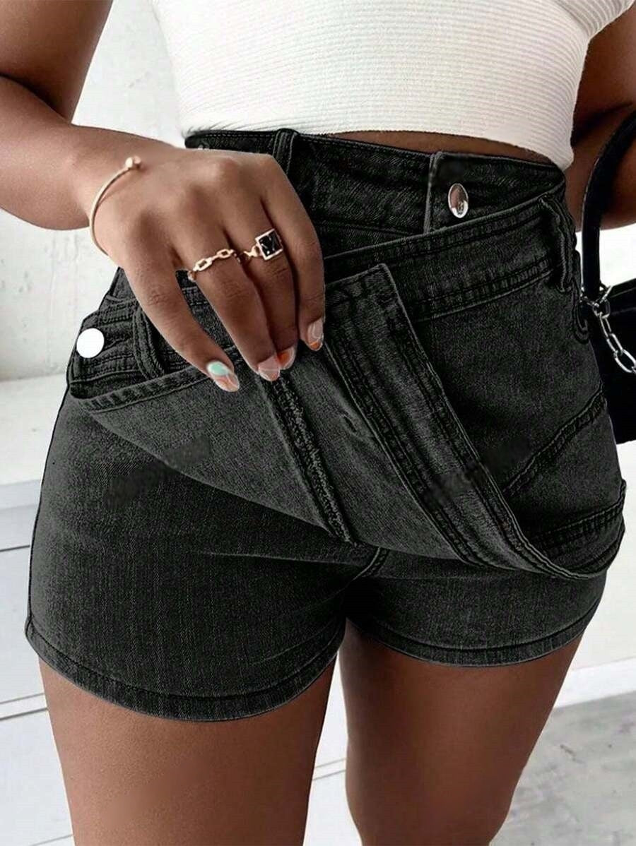 Women’s Grunge Denim Skort – Asymmetric Wrap A-Line Streetwear