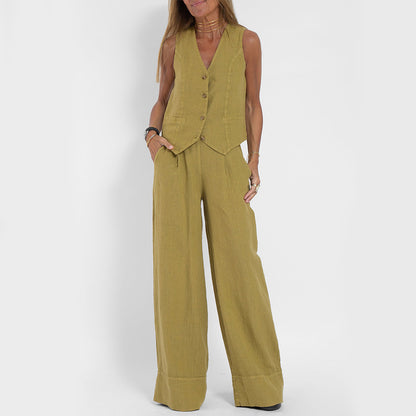 Conjunto de Chaleco y Pantalón de Lino y Algodón Loom & Soul™ para Mujer – Top sin Mangas con Cuello en V y Pantalones Rectos Sueltos