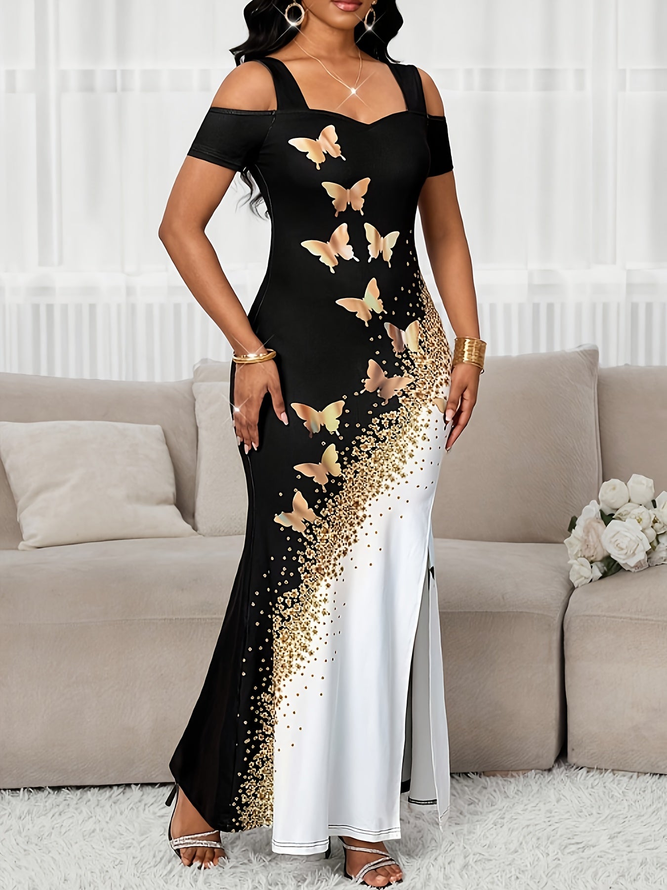 Vestido de Noche Sirena con Hombros Descubiertos – Elegante Vestido Largo con Abertura Alta para Mujer