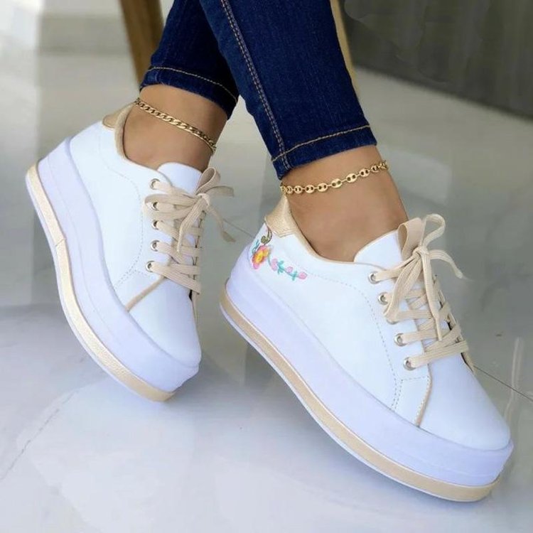 Loom & Soul™ Zapatillas de plataforma con bordado floral – Zapatos de PU con cordones para mujer con elevación de 3-5 cm y suela de EVA