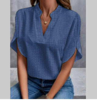 Loom & Soul™ Blusa de Gasa con Cuello en V – Top Elegante de Manga Corta para Verano para Mujer