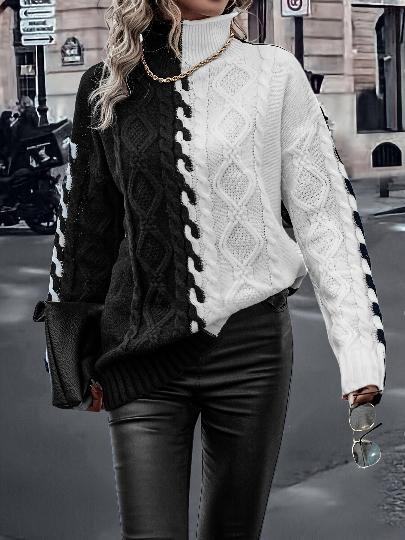 Blusa Elegante de Rayas con Cuello Alto – Top de Manga Larga de Punto Color Block
