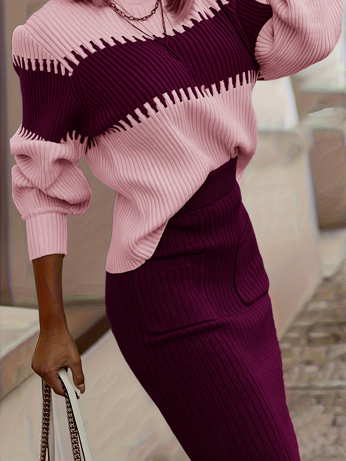 Conjunto de suéter y falda de cuello alto con bloques de color – Dos piezas elegantes de invierno