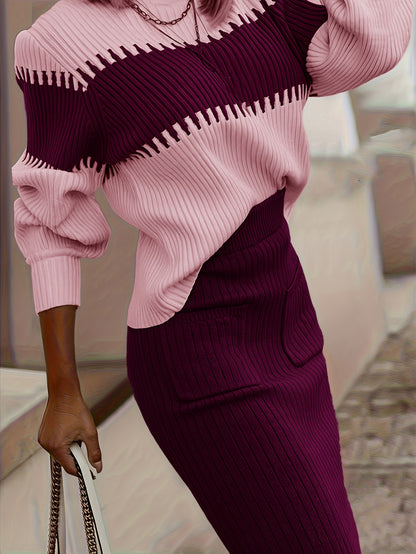 Conjunto de suéter y falda de cuello alto con bloques de color – Dos piezas elegantes de invierno
