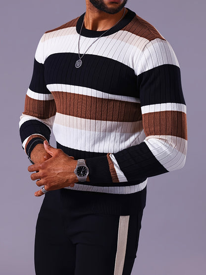 Pull rayé en tricot côtelé pour homme – Pull Color Block Automne Hiver