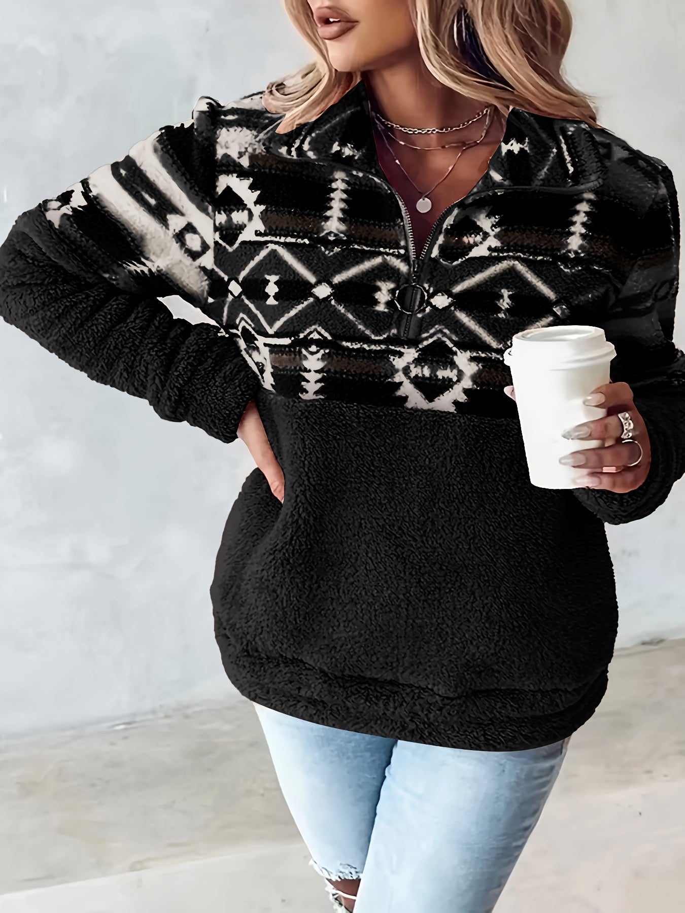 Sudadera de felpa con patrón geométrico Geo – Forro polar con media cremallera para otoño e invierno