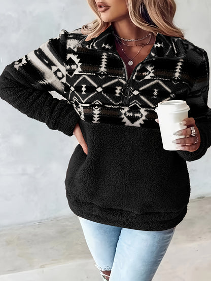 Sudadera de felpa con patrón geométrico Geo – Forro polar con media cremallera para otoño e invierno