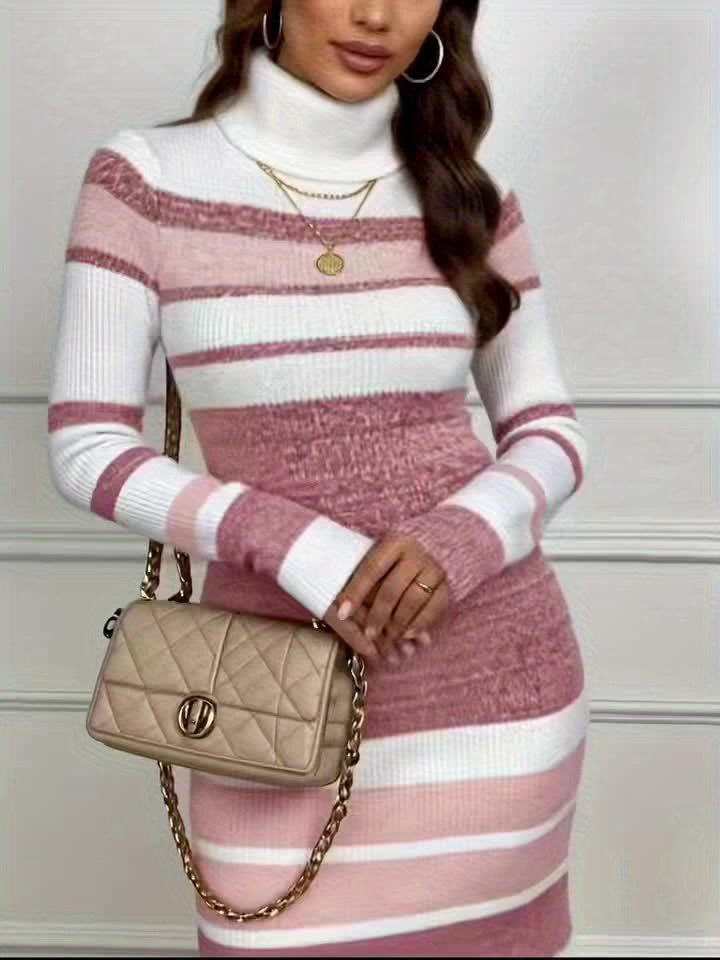 Vestido de jersey elegante de cuello alto a rayas – Ajustado de manga larga y bloques de color