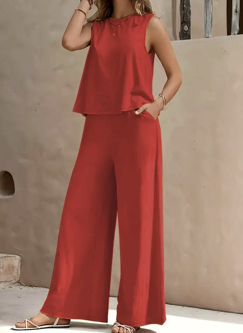 Conjunto de lino de dos piezas para mujer – Top sin mangas y pantalón holgado