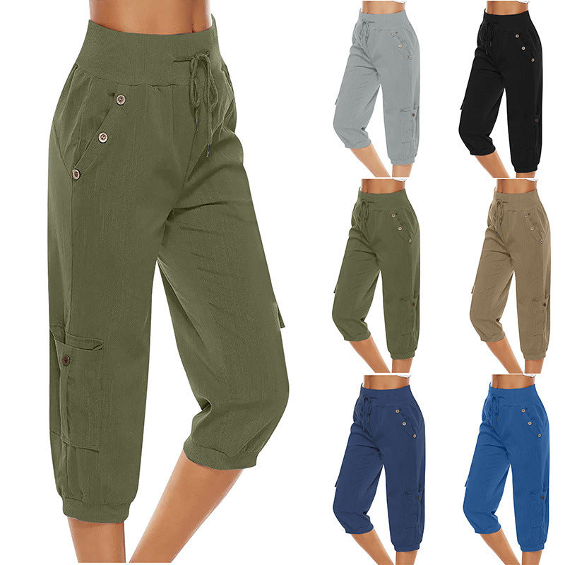 Loom & Soul™ Pantalon Cargo Cropped Femme – Mélange Coton-Lin avec Poches pour un Style Quotidien Sans Effort