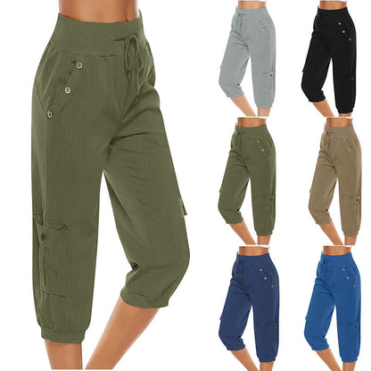 Loom & Soul™ Pantalon Cargo Cropped Femme – Mélange Coton-Lin avec Poches pour un Style Quotidien Sans Effort