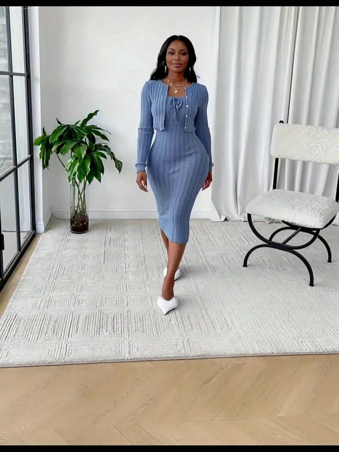 Ensemble deux-pièces robe et veste courte avec nœud papillon texturé pour femme