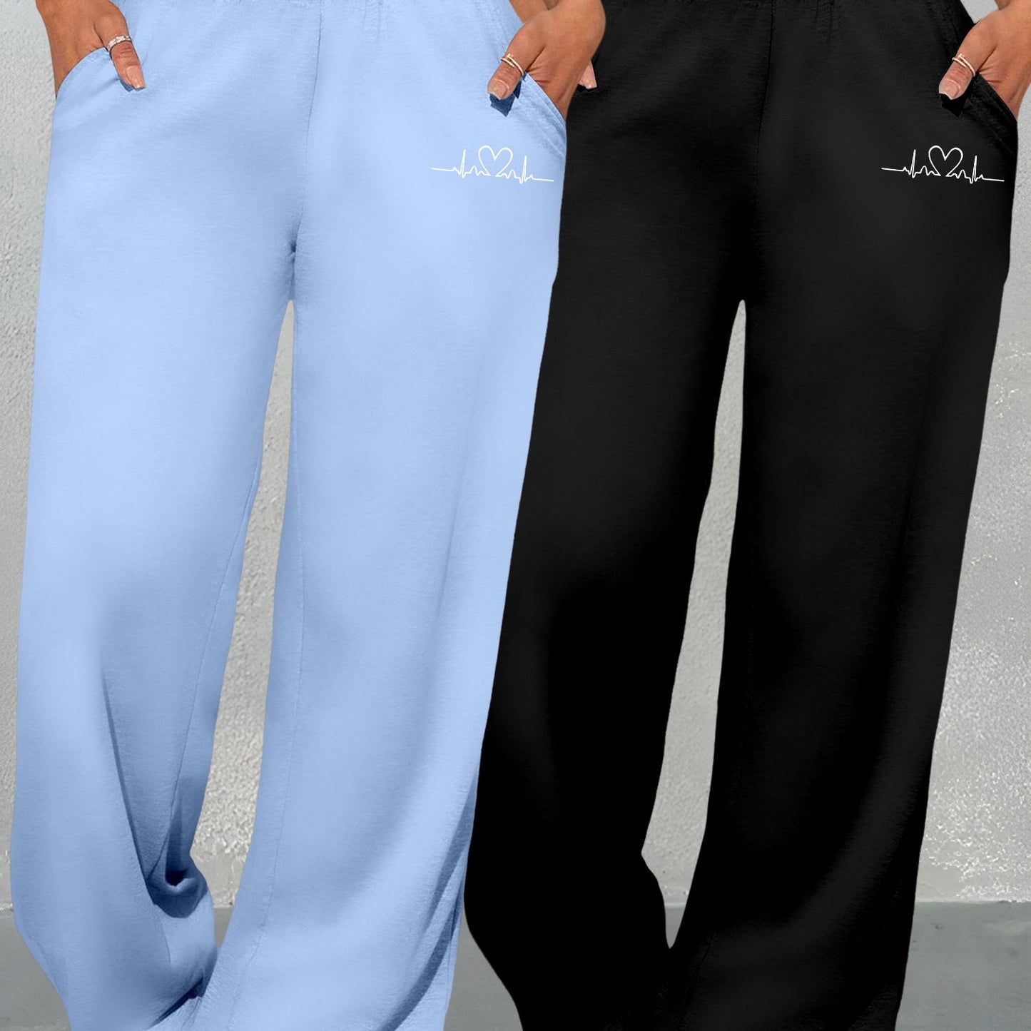Conjunto de dos piezas con estampado geométrico de amor para mujer – Pantalones de cintura alta y pierna ancha