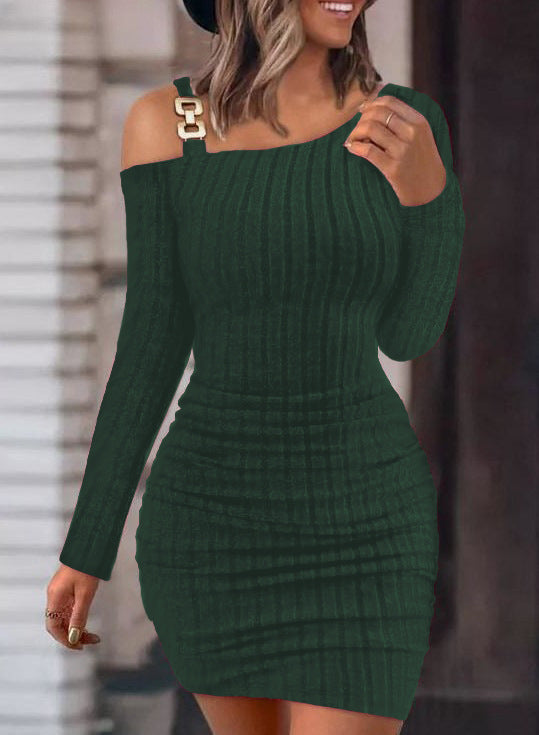 Metal Buckle Shoulder Bodycon Dress – Elegant Long Sleeve Sheath Dress