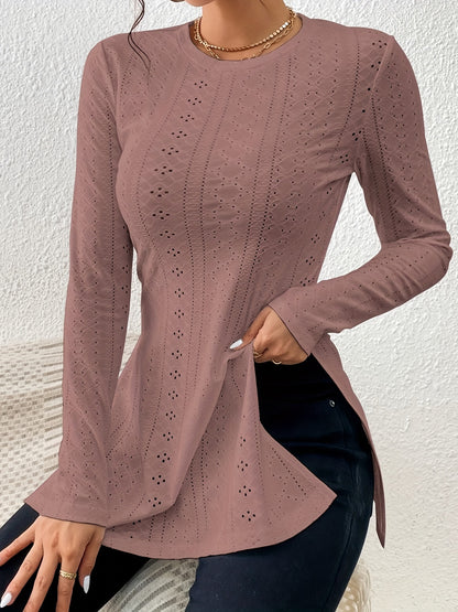 Elegante Top de Manga Larga con Bajo Hendido – Camiseta de Ojal de Cuello Redondo