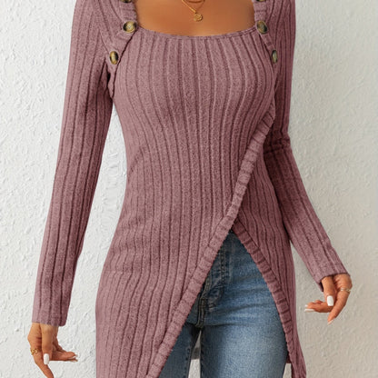 Camiseta de punto entallada para mujer – Top de manga larga con cuello cuadrado