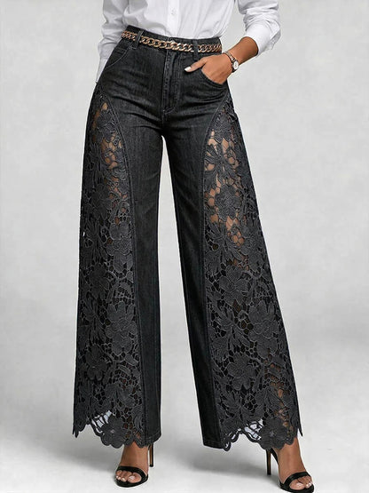 Women’s Lace Panel Jeans – High Waist Wide-Leg Denim