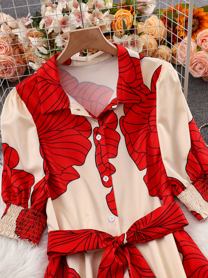 Floral Tie-Waist Maxi Shirt Dress – Elegant Long Sleeve A-Line Dress
