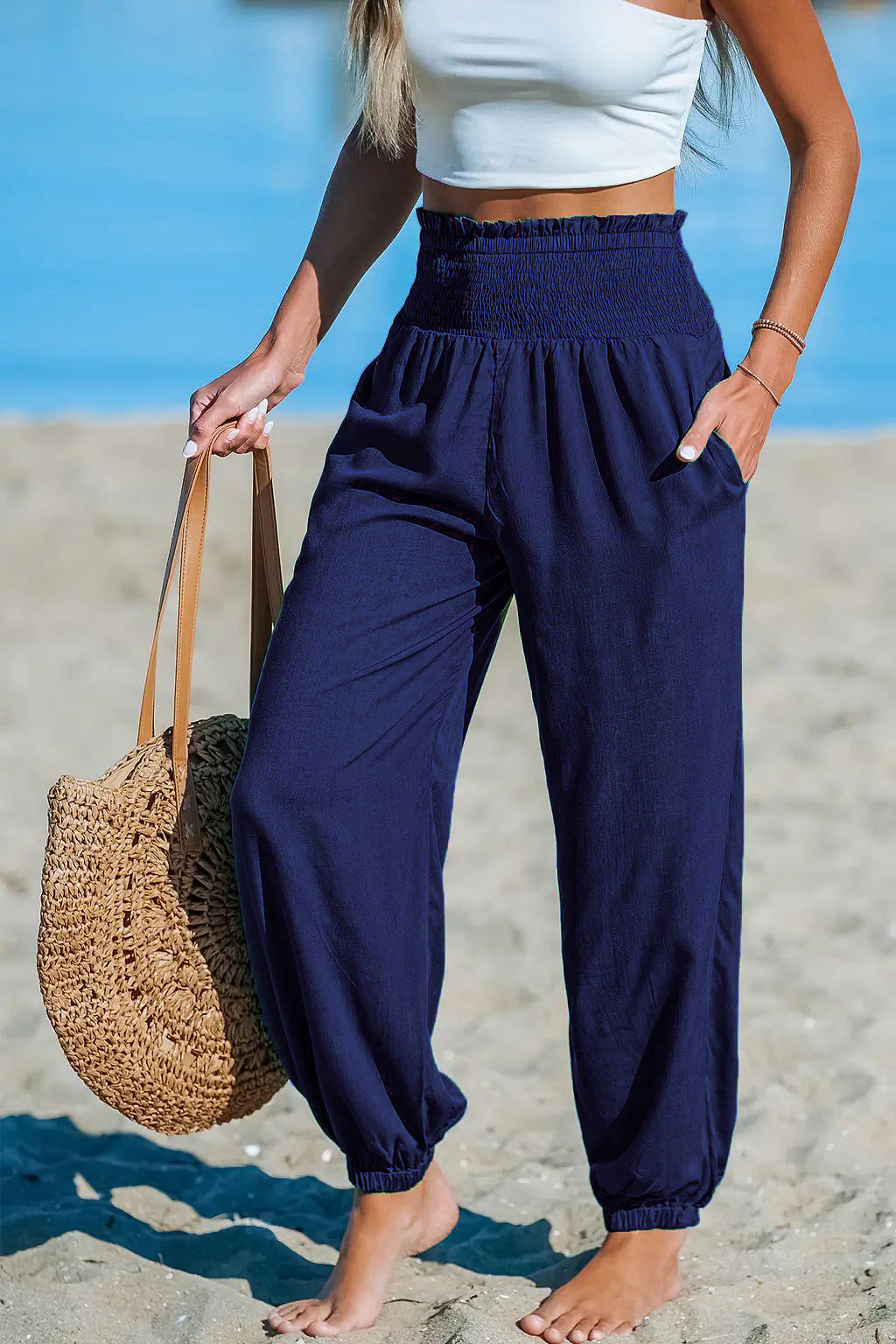 Women’s Ankle-Tie Pants – High Waist Beach Casual Fit
