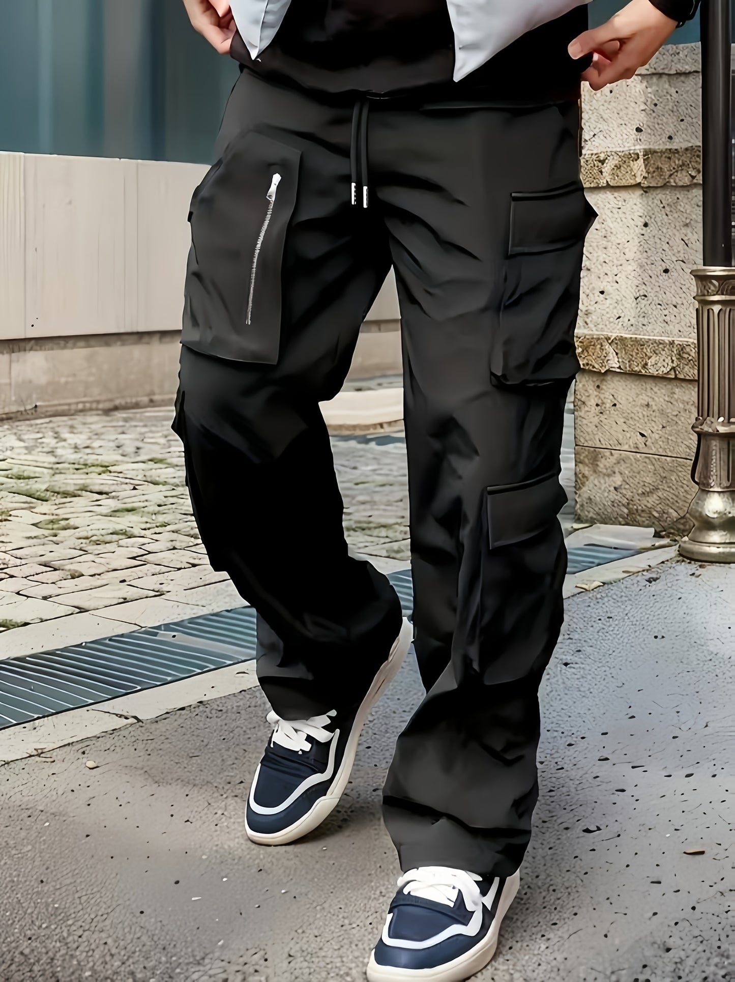 Pantalones cargo negros para hombre – Joggers sueltos multiziper para exteriores, para primavera/otoño