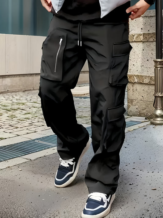 Men’s Black Cargo Pants – Multi-Zip Loose-Fit Outdoor Joggers for Spring/Fall