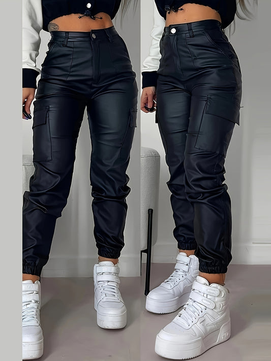 Women’s High-Rise Stretch Cargo Jeans – Black Glossy Denim Pants