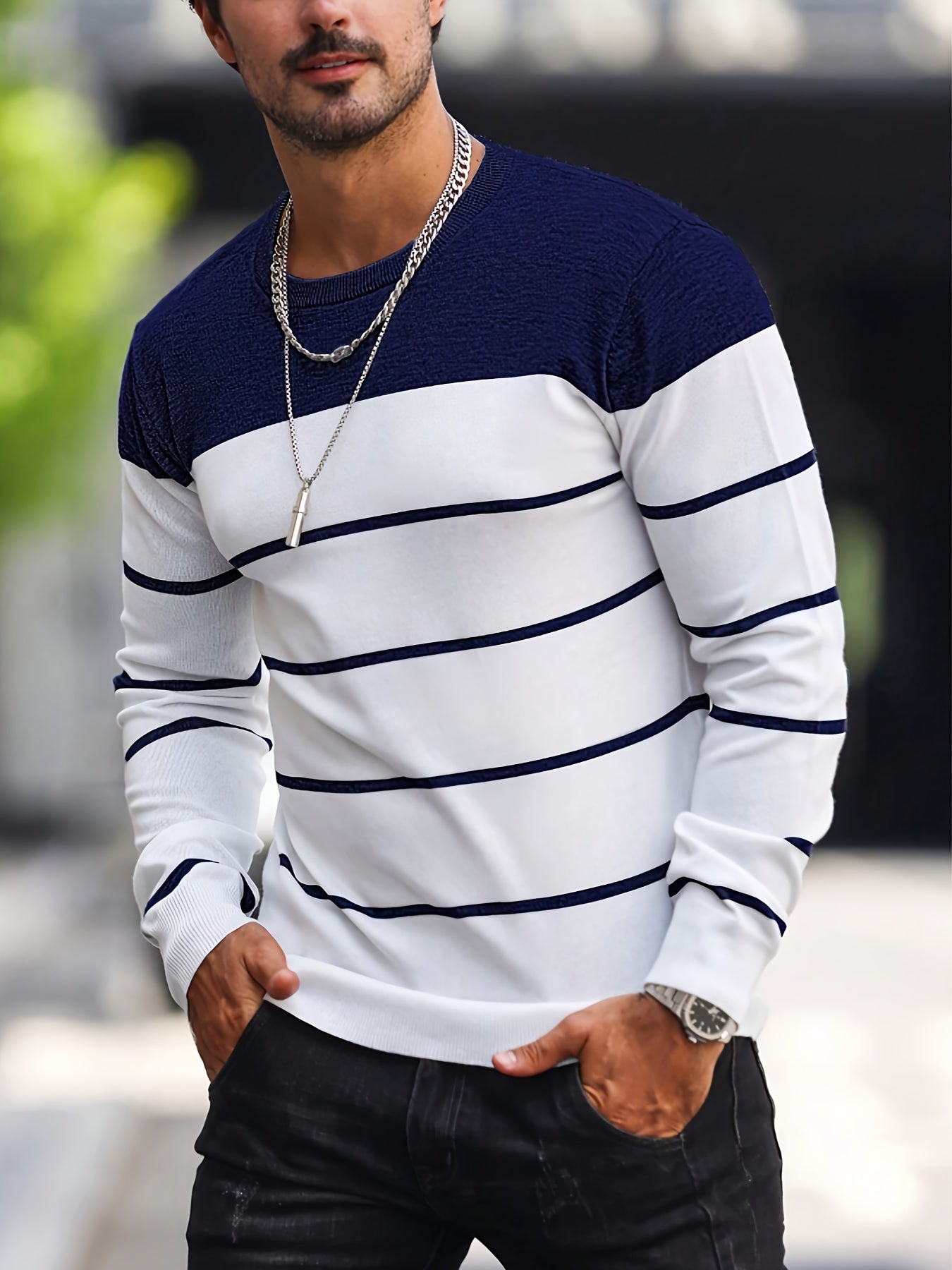 Suéter de punto a rayas azul marino para hombre – Sudadera informal de cuello redondo