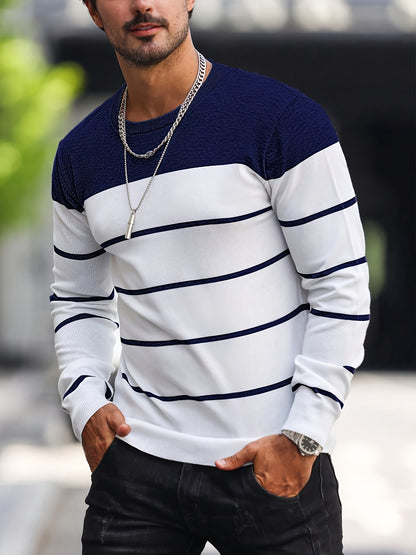 Suéter de punto a rayas azul marino para hombre – Sudadera informal de cuello redondo